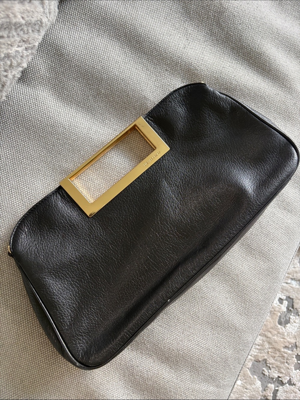 Black Leather Wristlet Clutch with Gold Accent